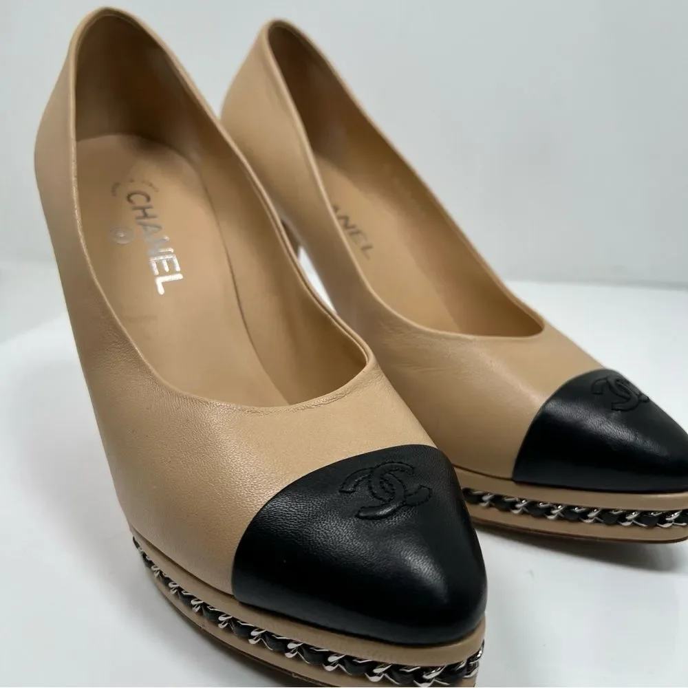 Chanel Beige And Black Classic Heels Size 41 - 10 US